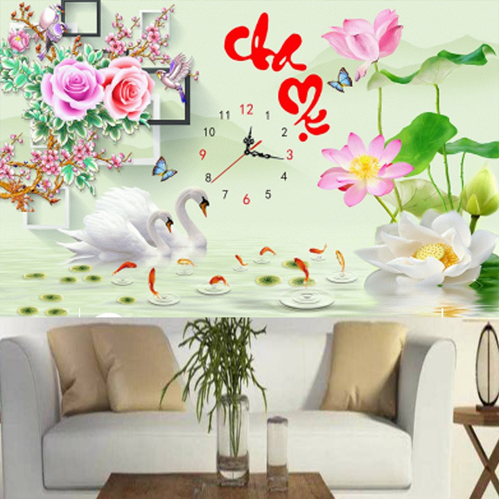 [HCM]Tranh đá cha mẹ hoa sen đồng hồ LG1634 - kích thước 75 * 50