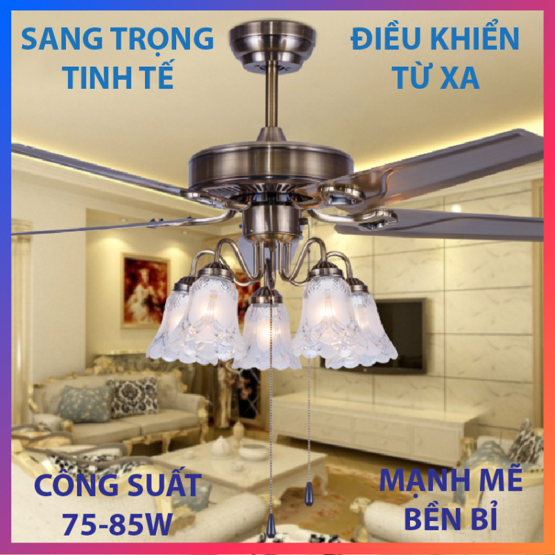 Quạt trần đèn chùm Vinta A191-1, 5 cánh thép màu đồng, có điều khiển từ xa, quay đảo chiều độc đáo + Ưu đãi mua sản phẩm phụ giá gốc
