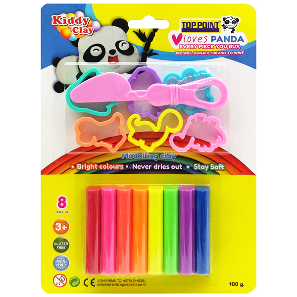 Đồ chơi đất nặn 8 màu + 6 khuôn + dao cắt - kiddy clay st-100-8+6smt