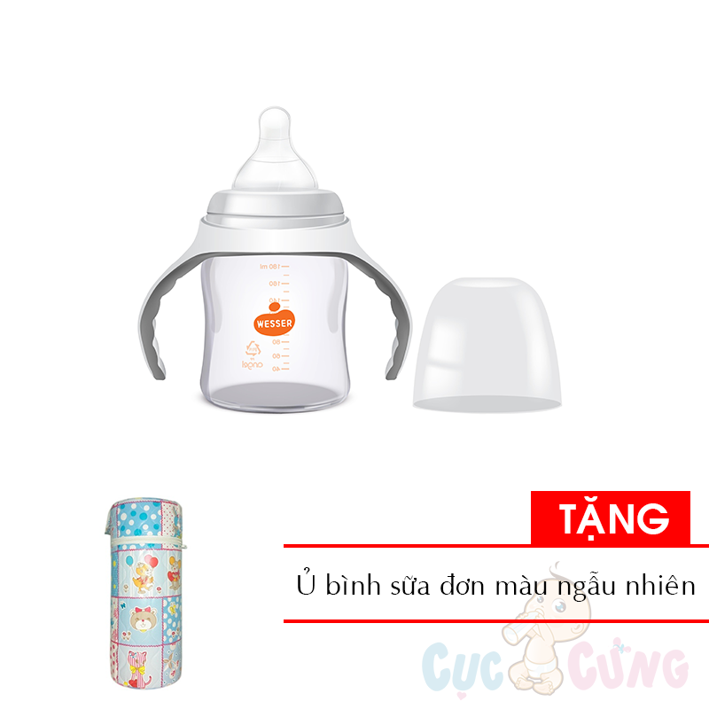 Bình sữa Wesser cổ rộng nhựa PP 180ml Tặng ủ bình sữa đơn màu ngẫu nhiên