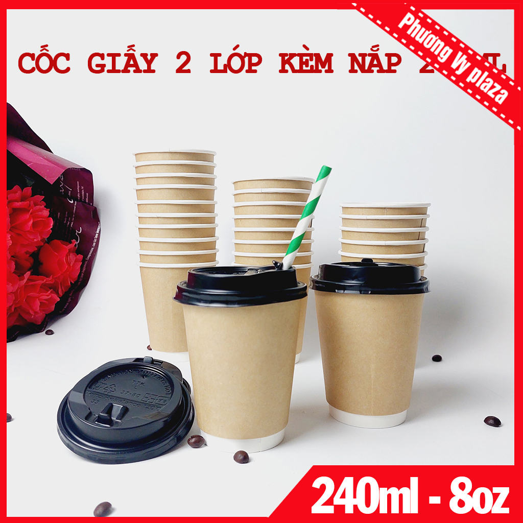 50 ly giấy kraft 2 lớp 240ml - 8oz cốc giấy cafe nóng nhập khẩu hàn quốc