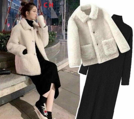 Set váy len áo khoác lông thỏ