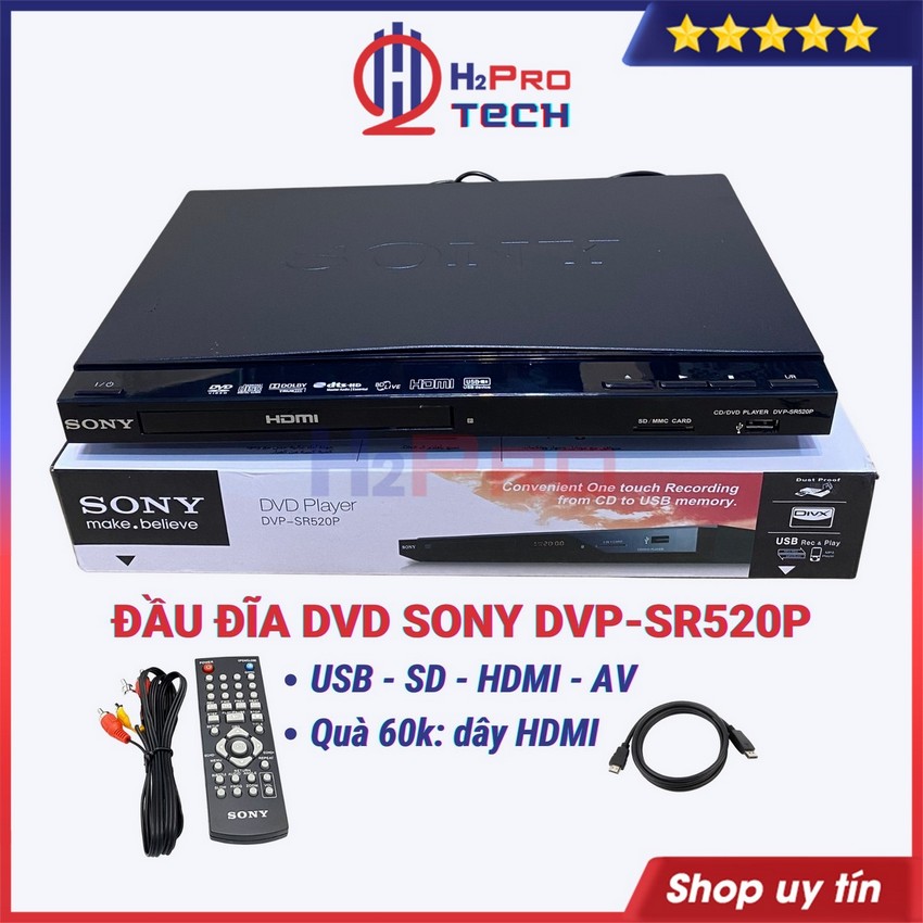 Đầu đĩa dvd sony dvp-sr520p hdmi-usb-sd, đầu dvd-cd sony 520p karaoke cao cấp, quà 60k dây hdmi-h2pro tech