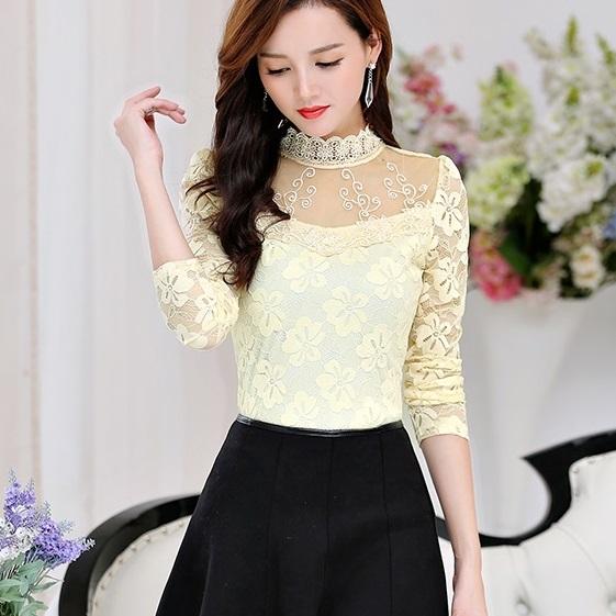 Áo kiểu thời trang nữ HaiAnh, áo nữ thiết kế ren hoa cổ trụ xinh xắn Ale42