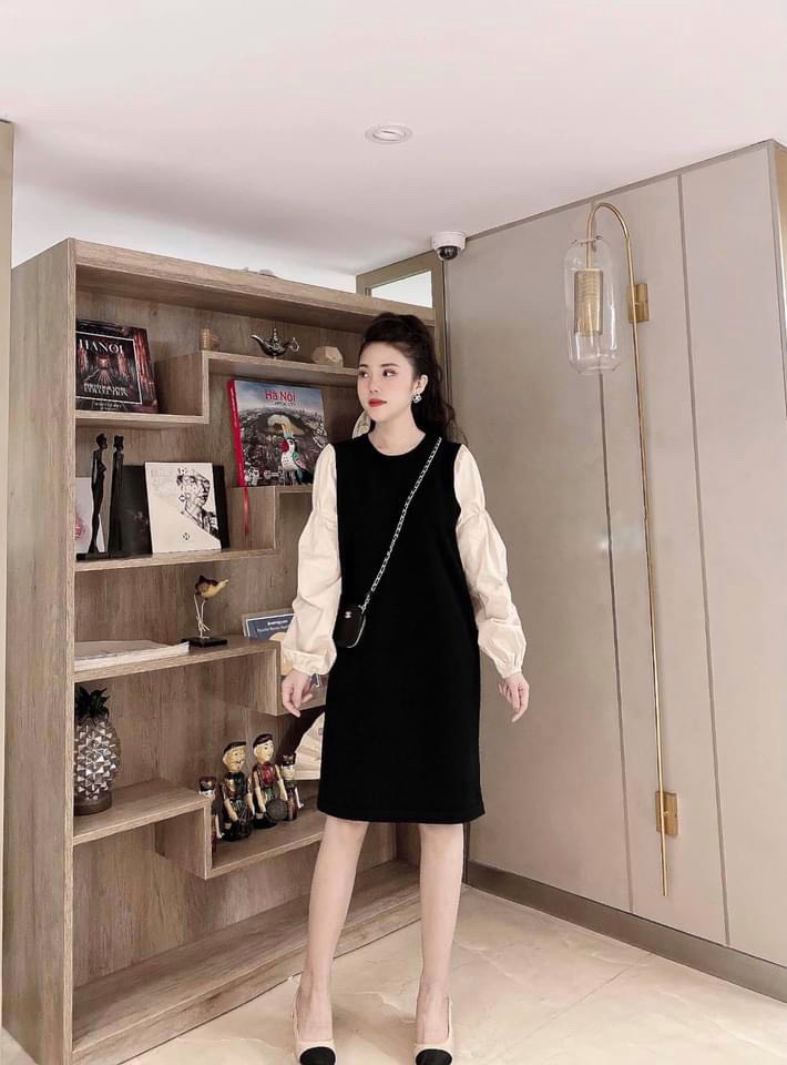 [Yến Trần] Đầm Suông - Váy Suông Phối Tay, Thân Váy Chất Umi Hàn, Tay Chất Voan Mỏng - Hàng Chuẩn Bán Cửa Hàng