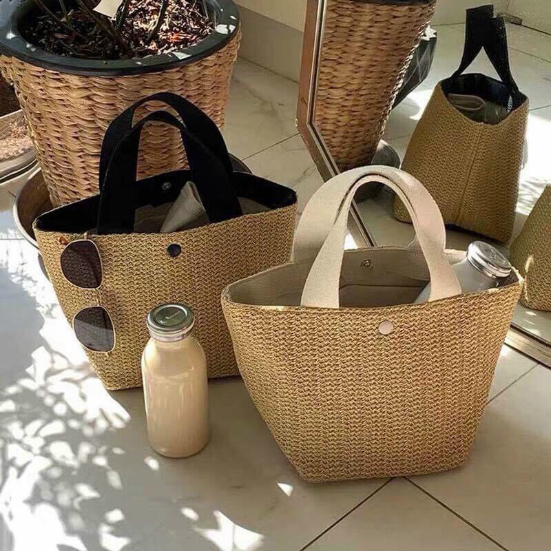 Túi cói vintage, túi cói đi biển xinh xắn, túi cói đa năng quai vải bố