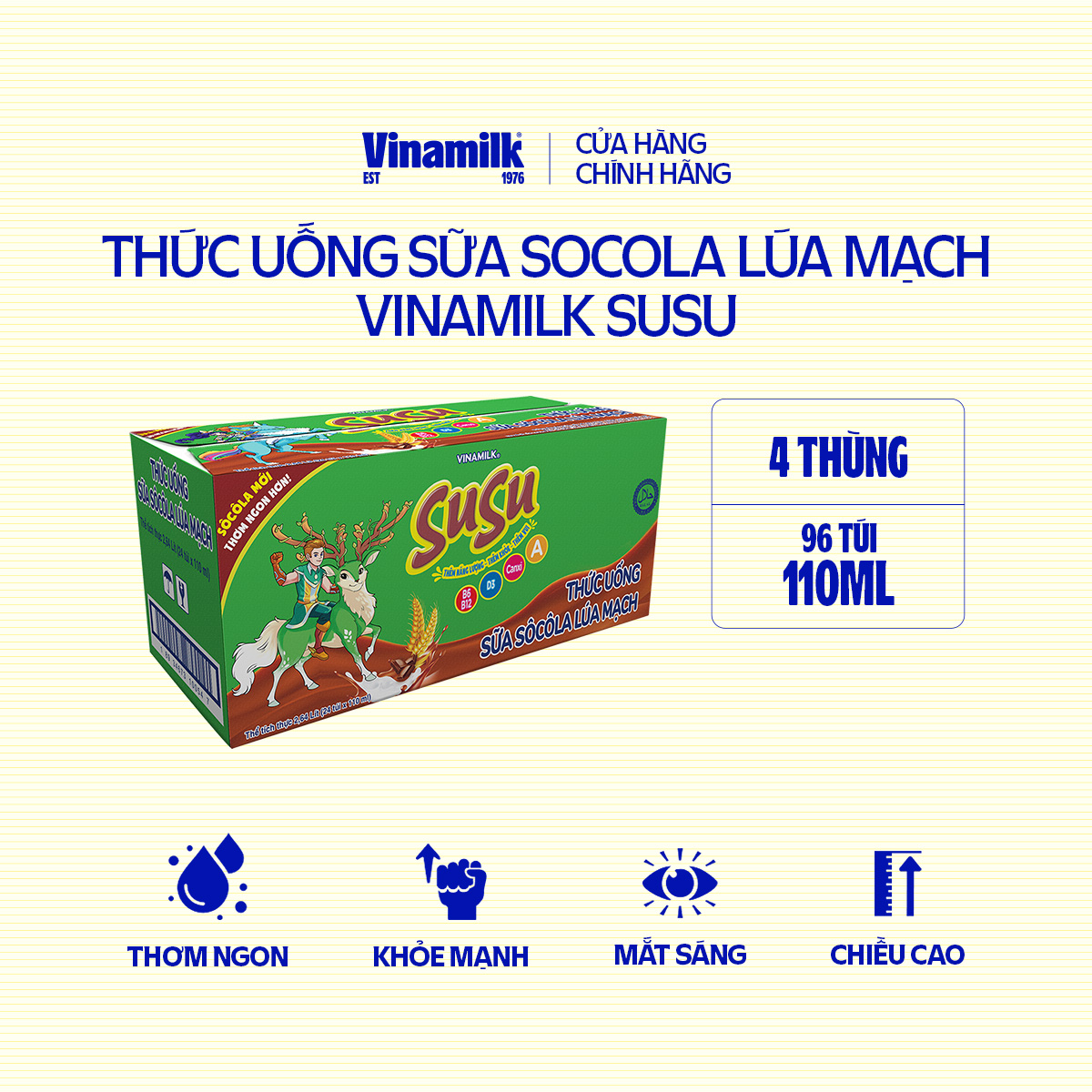 4 Thùng Thức uống Sữa Socola Lúa Mạch Vinamilk Susu Túi 110ml - 24 túi/Thùng