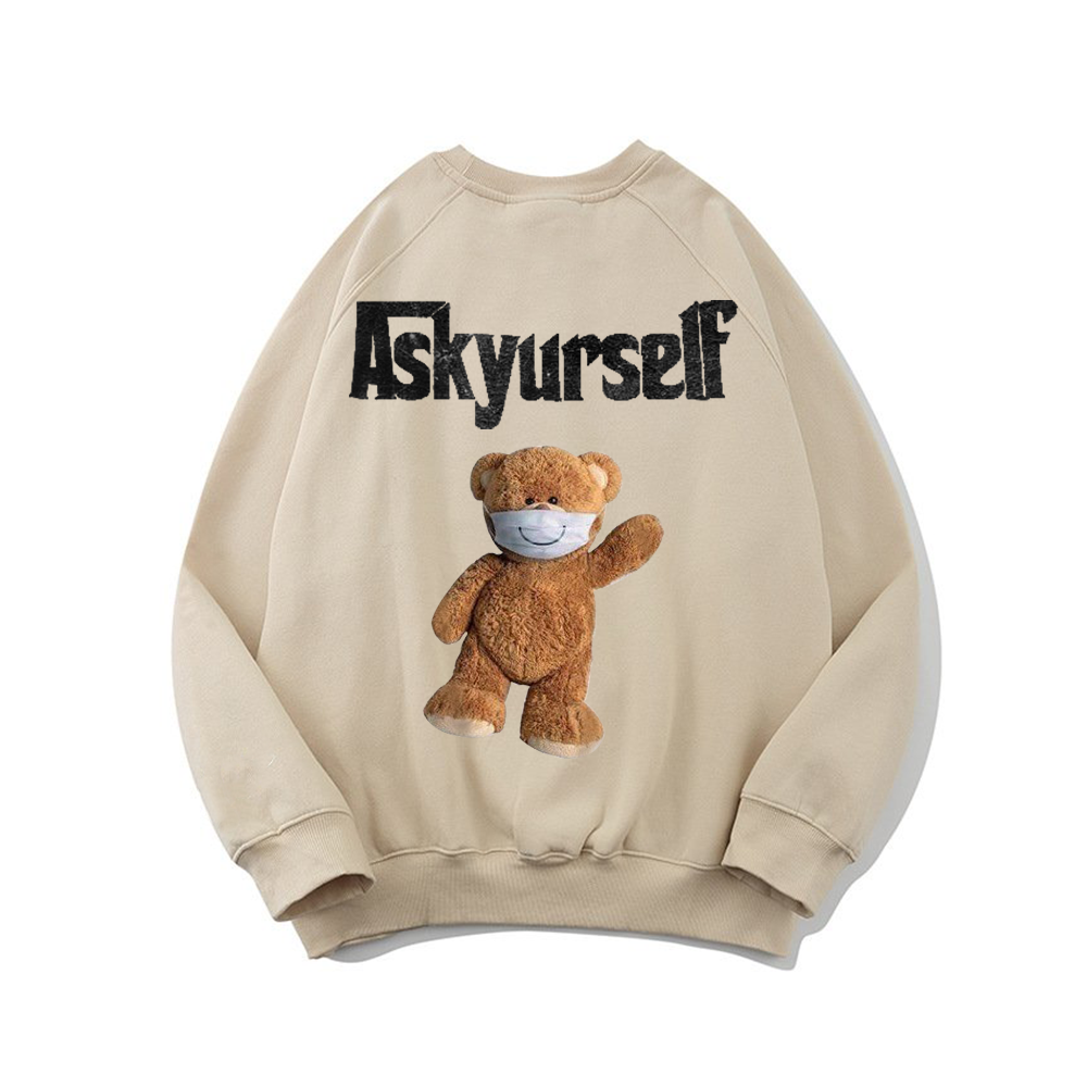 Áo sweater in hình gấu đeo khẩu trang, áo tay dài chất liệu nỉ bông dày, sweater big size tối đa 100kg