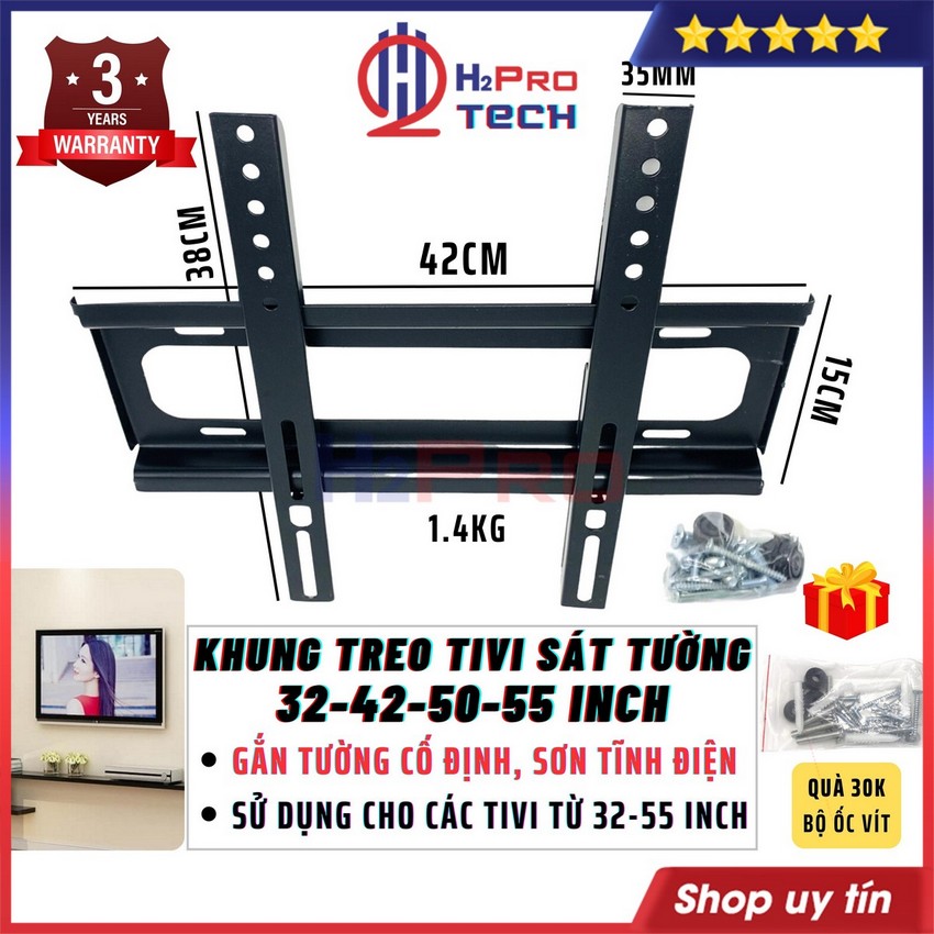 Khung Treo Tivi Thẳng 32-55 Inch Cố Định Sát Tường Cao Cấp Hỗ Trợ Tv 32-40-43-50-55 Inch, Quà 30K Bộ Ốc Vít-H2Pro Tech