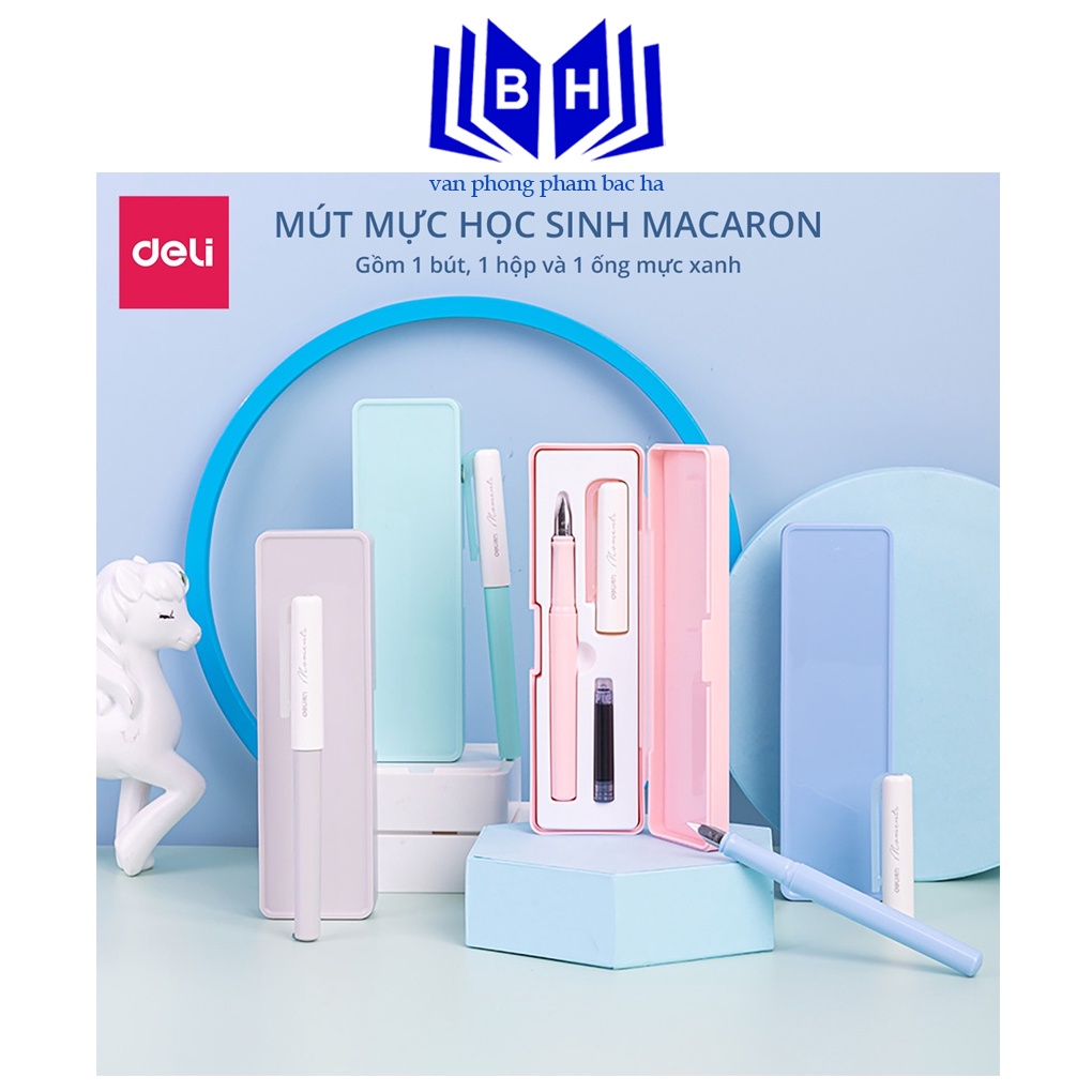 Hộp bút máy kèm ống mực xanh cao cấp Deli - cố định cách cầm nắm - màu macaron - bút luyện viết chữ đẹp - A932 ( giao mầu ngẫu nhiên )