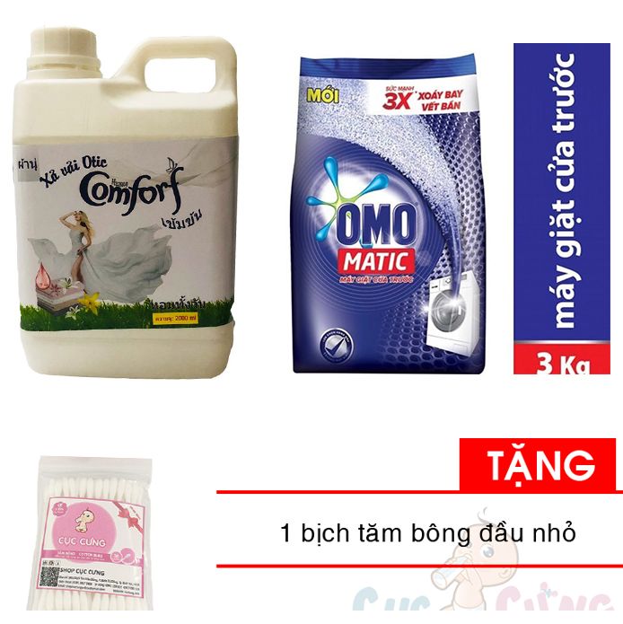 SET Nước xả vải hương Comfort Thái Lan 2000ml MÀU TRẮNG + Bột giặt OMO MATIC 3kg cho máy giặt cửa trước Tặng 1 bịch tăm bông đầu nhỏ