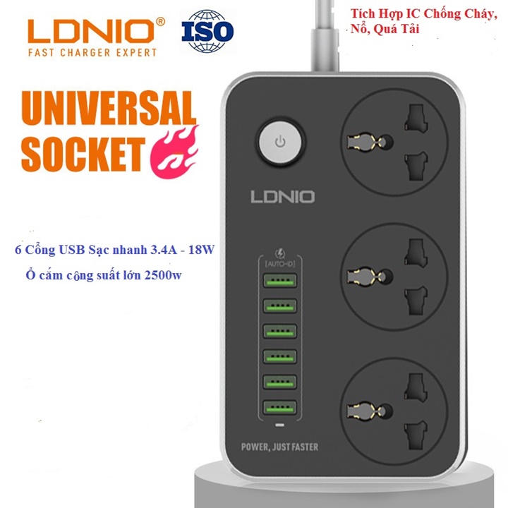 Ổ cắm điện đa năng ldnio 6 cổng sạc chống cháy, nổ - sc3604 dây 2m