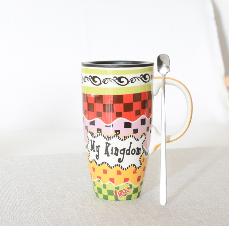 (Send spoon) 500 ml ceramic cup with lid for 3D year-coffee tea cup with lid-rubber cup-handle ceramic cup-water Cup