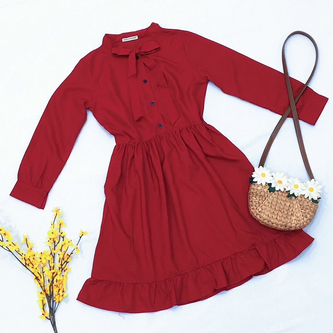 Đầm babydoll đỏ nơ cổ