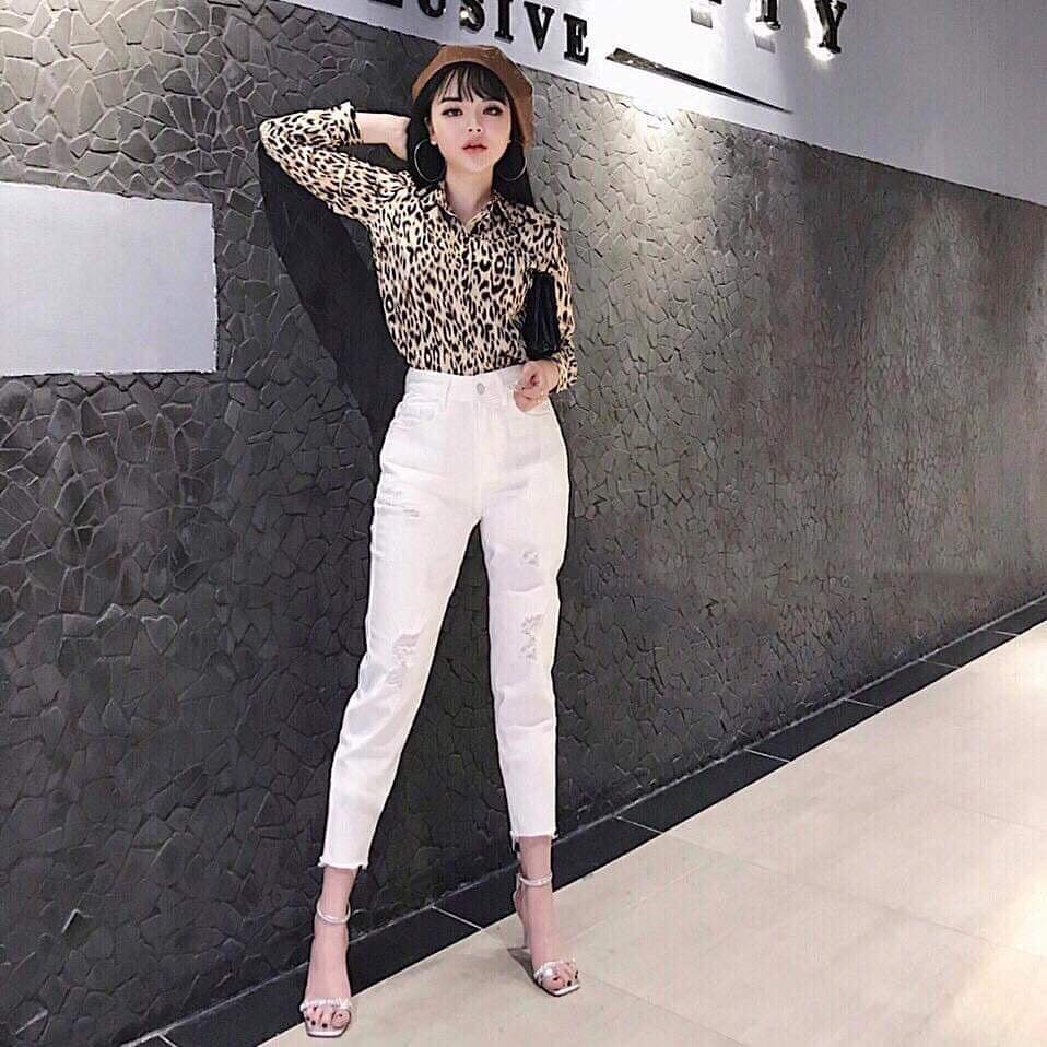 quần jean nữ rách bụi dáng baggy co giãn ( màu trắng -đen)