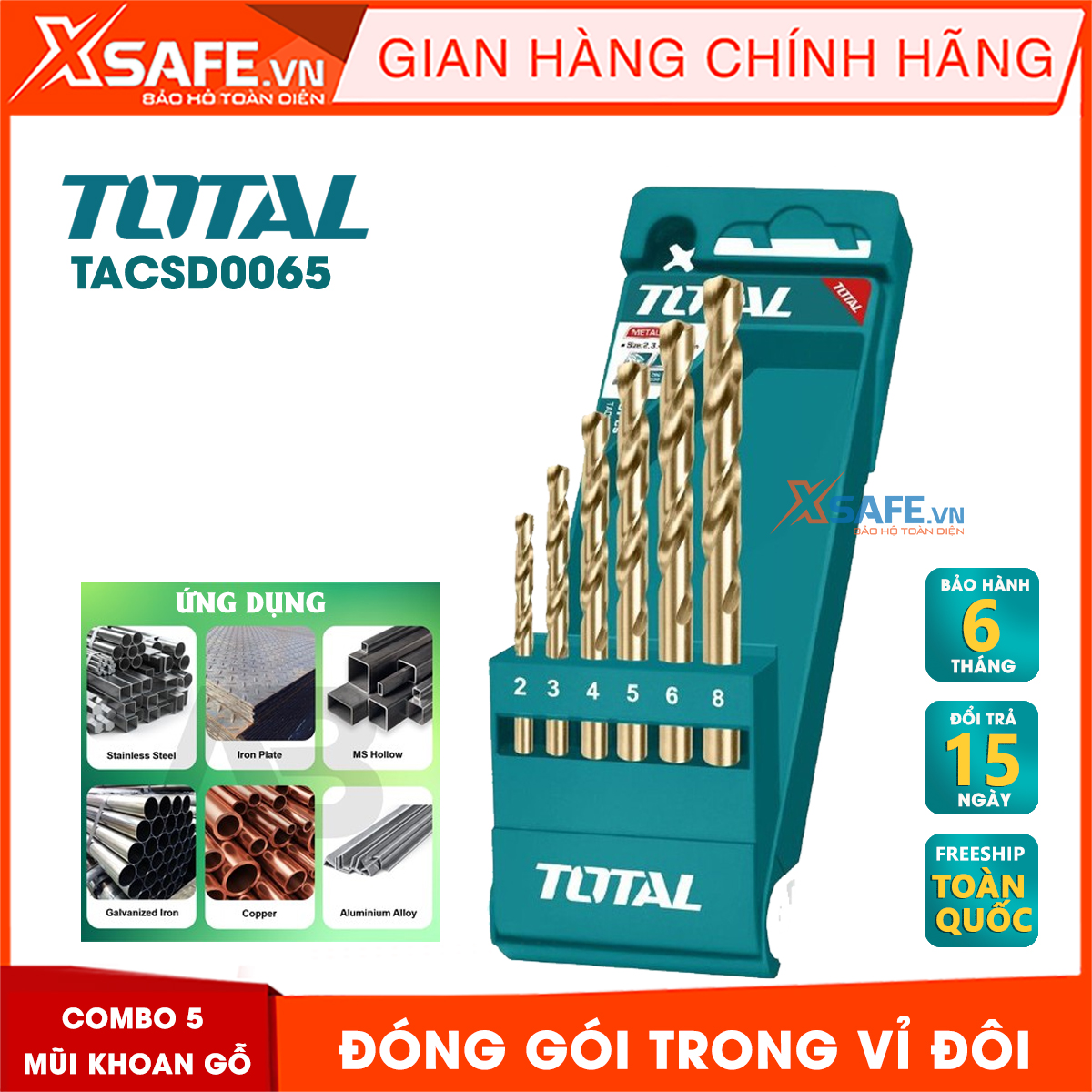 Combo 6 metal drill bits HSS total TACSD0065 genuine. Set 6 details metal drill bits HSS non-corrosive, deformation, broken or bent when used as is made of steel material high-end-products genuine xsafe