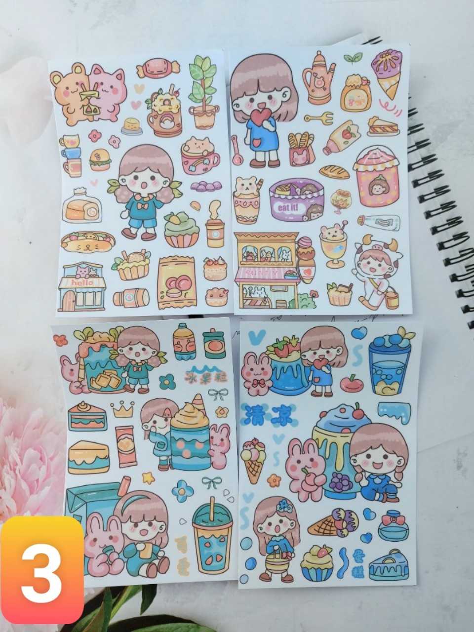 SET 4 Tấm sticker chibi dán hoạt hình khổ A6 , Chưa cắt