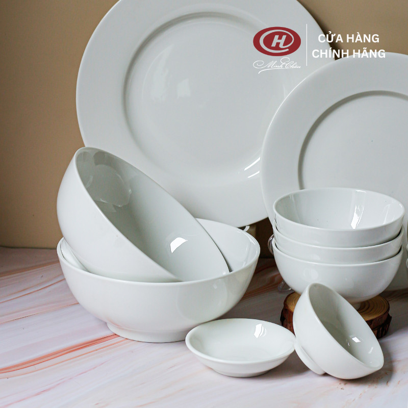 Bộ Bát Đĩa Trắng Trơn 12 Món - Sứ Minh Châu