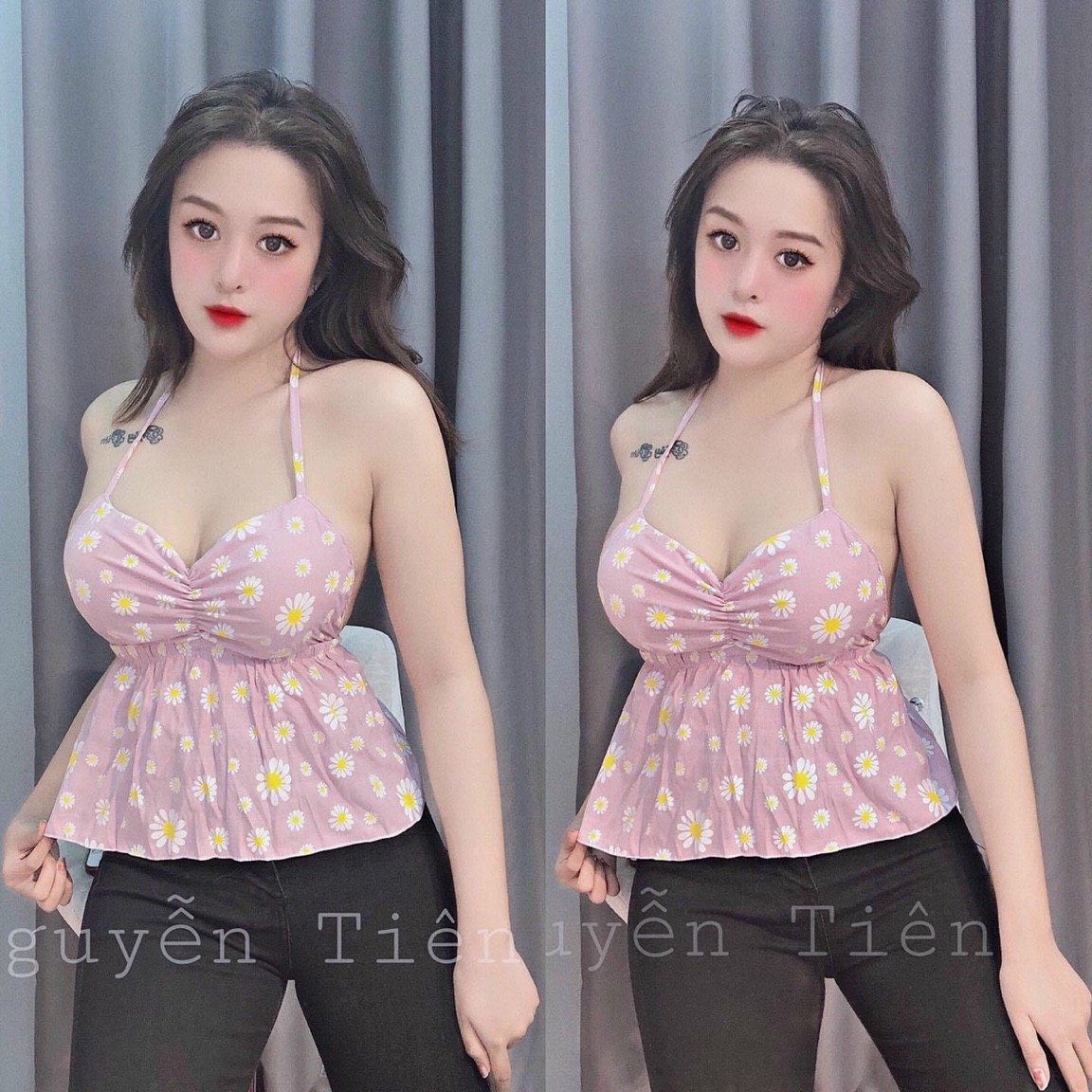 [HCM]Áo kiểu yếm hoa cúc cột dây hở lưng - UT26