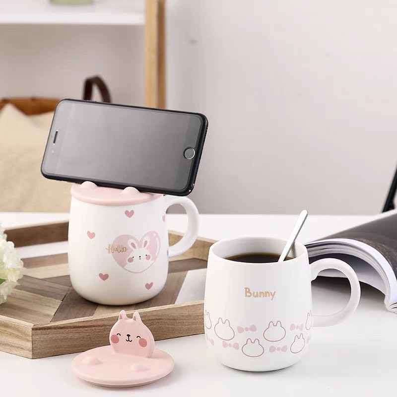 Ly cốc sứ có nắp hình thỏ dễ thương, nắp làm giá đỡ đện thoại