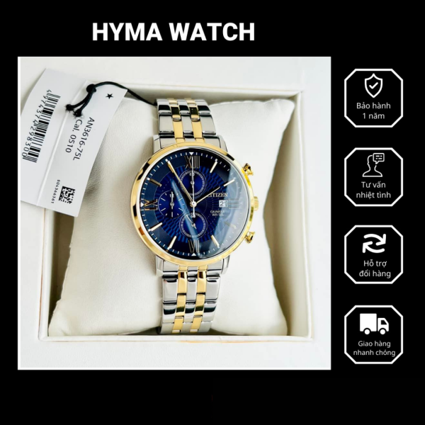 Đồng hồ nam cao cấp dây thép Demi vàng Citizen AN3616-75L Mặt xanh 6 có ô lịch - Size 42mm Bảo hành 1 năm Hyma watch