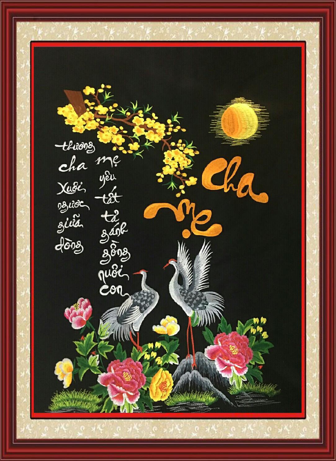 Tranh Thêu Thư Pháp Cha Mẹ Thành Phẩm Vi Tính Chỉ Lụa Con Hạc Kích Thước:  40X60( Chưa Khung) | Lazada.Vn