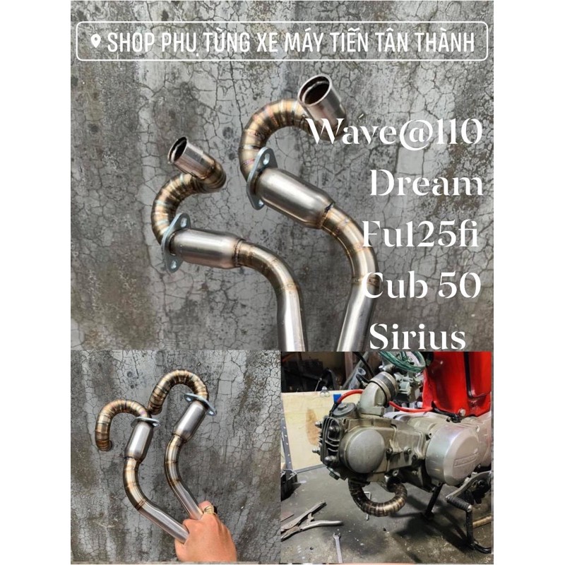 Ống cổ pô INOX mẫu cong có bầu hơi xã giảm thanh xe wave dream sirius future 125 fi wave110 FULED