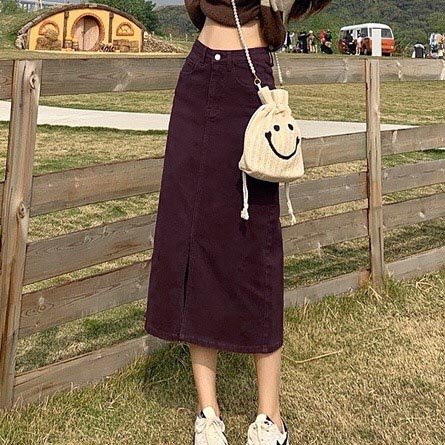 Chân váy jean nữ dài xẻ tà trước, chân váy kaki bò dài cạp cao phong cách ulzzang a12