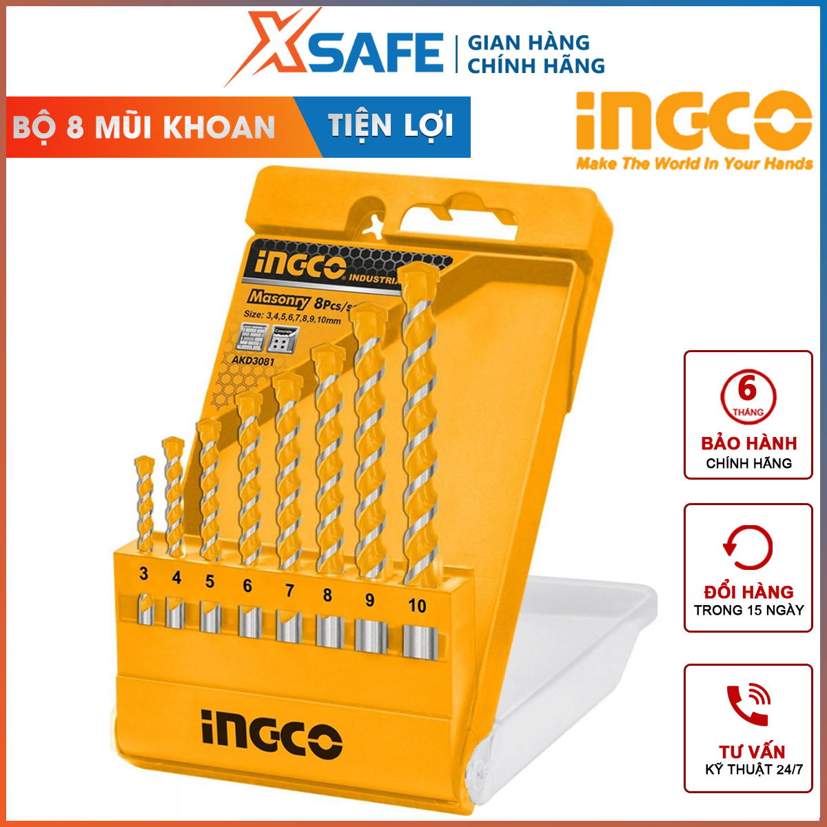Set concrete drill bits 8 details ingco akd3081 | 8 drill bit size turn 3x60, 4x75, 5x85, 6x100, 7x100, 8x120, 9x120, 10x120mm specialized drilling concrete, metal, wood, iron