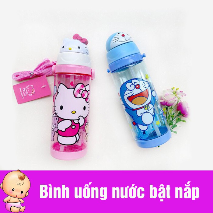 Bình nước bật nắp có ống hút cho bé hình nhân vật hoạt hình đáng yêu
