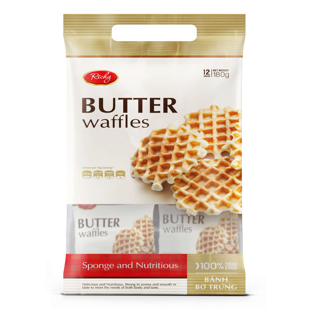 [ ĂN LÀ GHIỀN ] 01 Túi x 12 gói x 180gr Bánh Butter Waffles Richy Bơ Trứng Tổ Ong (Date mới: 12 tháng)BÁCH HÓA UY TÍN