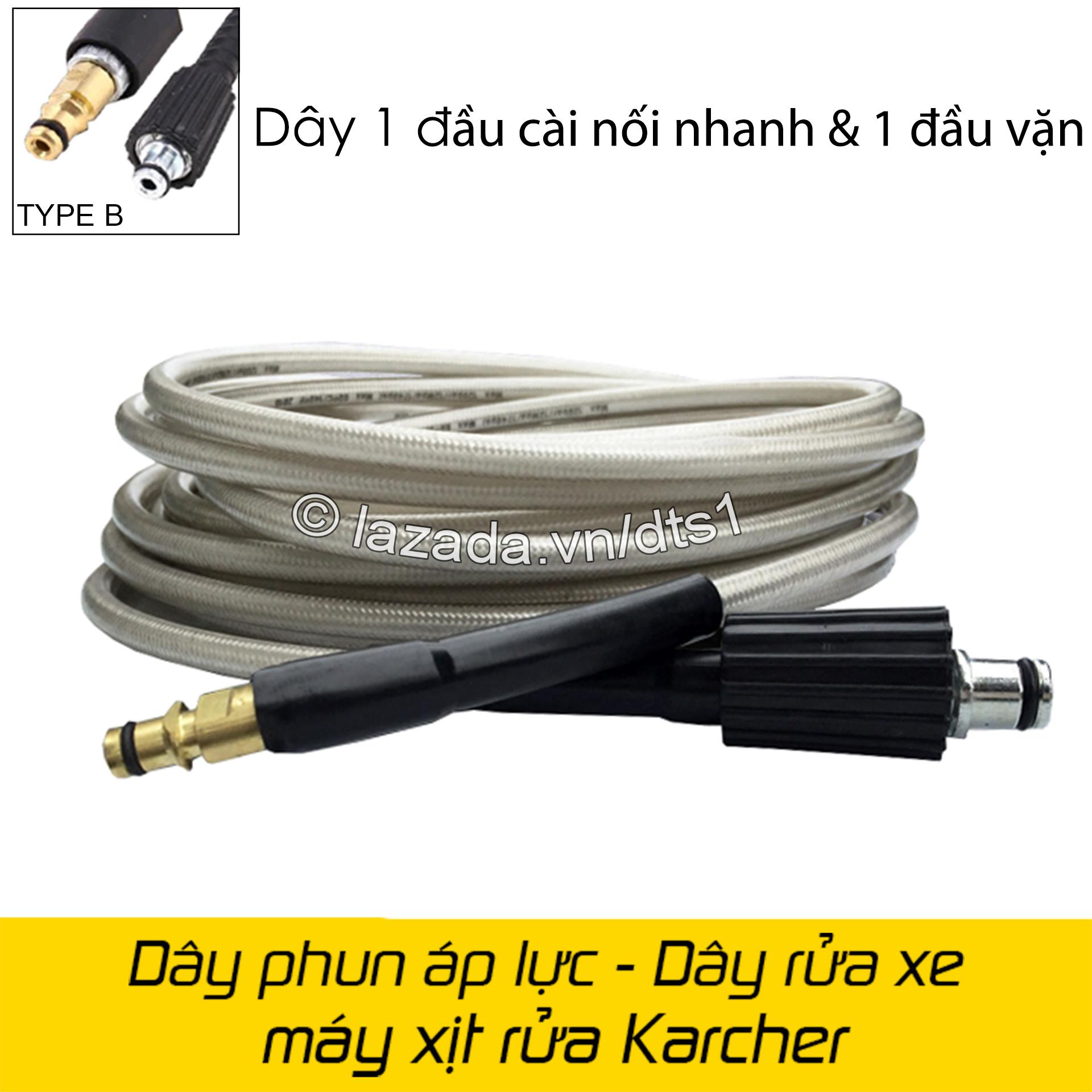 Dây phun áp lực cho máy rửa xe Karcher - Dây 1 đầu cài nối nhanh & 1 đầu ren vặn - Ống dây áp lực thay thế cho máy Karcher