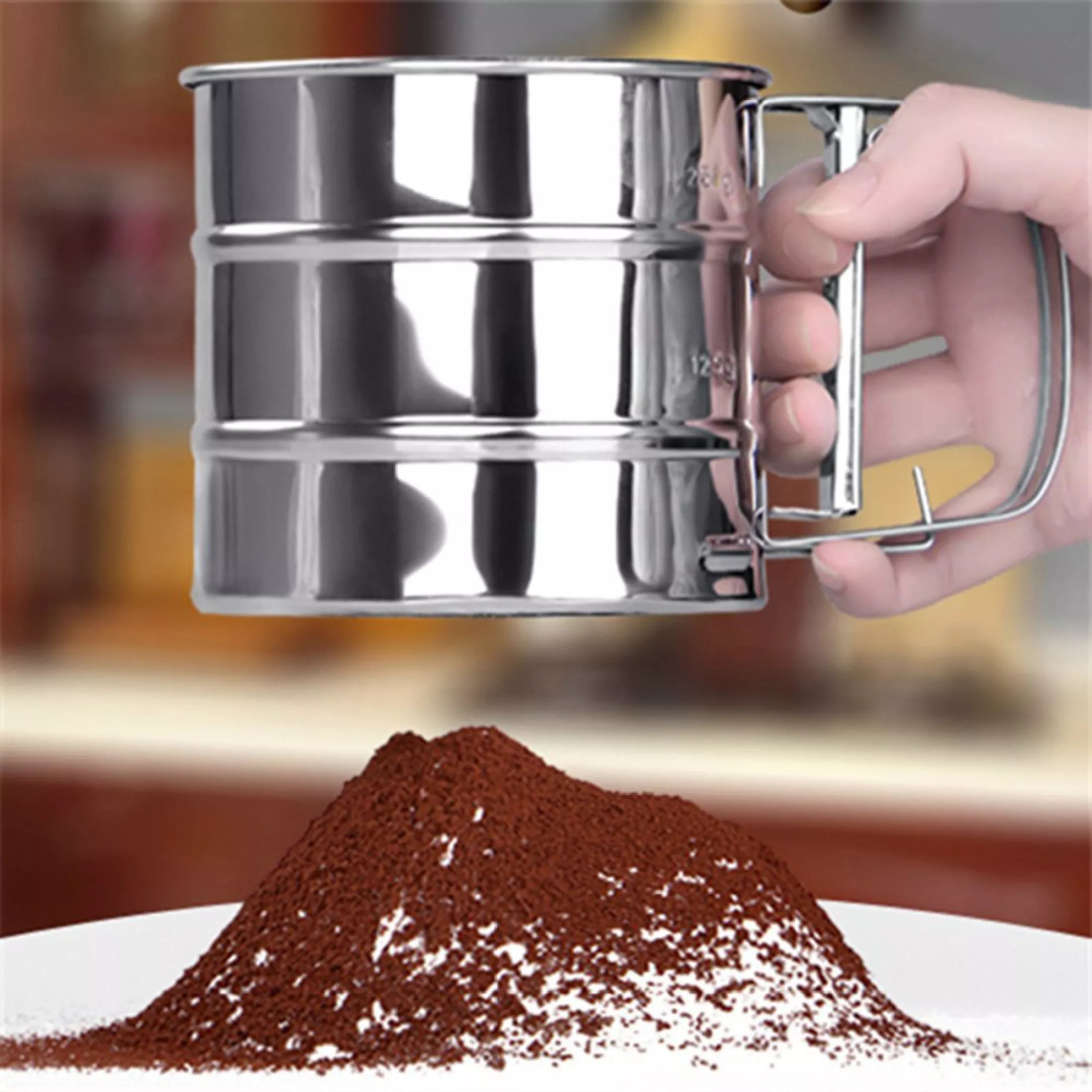 [Sắc Màu] Máy Rây Bột Tự Động INOX. Ca rắc bột Tay Cầm Lưới Lọc Siêu Mịn.  Dụng Cụ Làm Bánh sàn lược Ca cao chuyên nghiệp