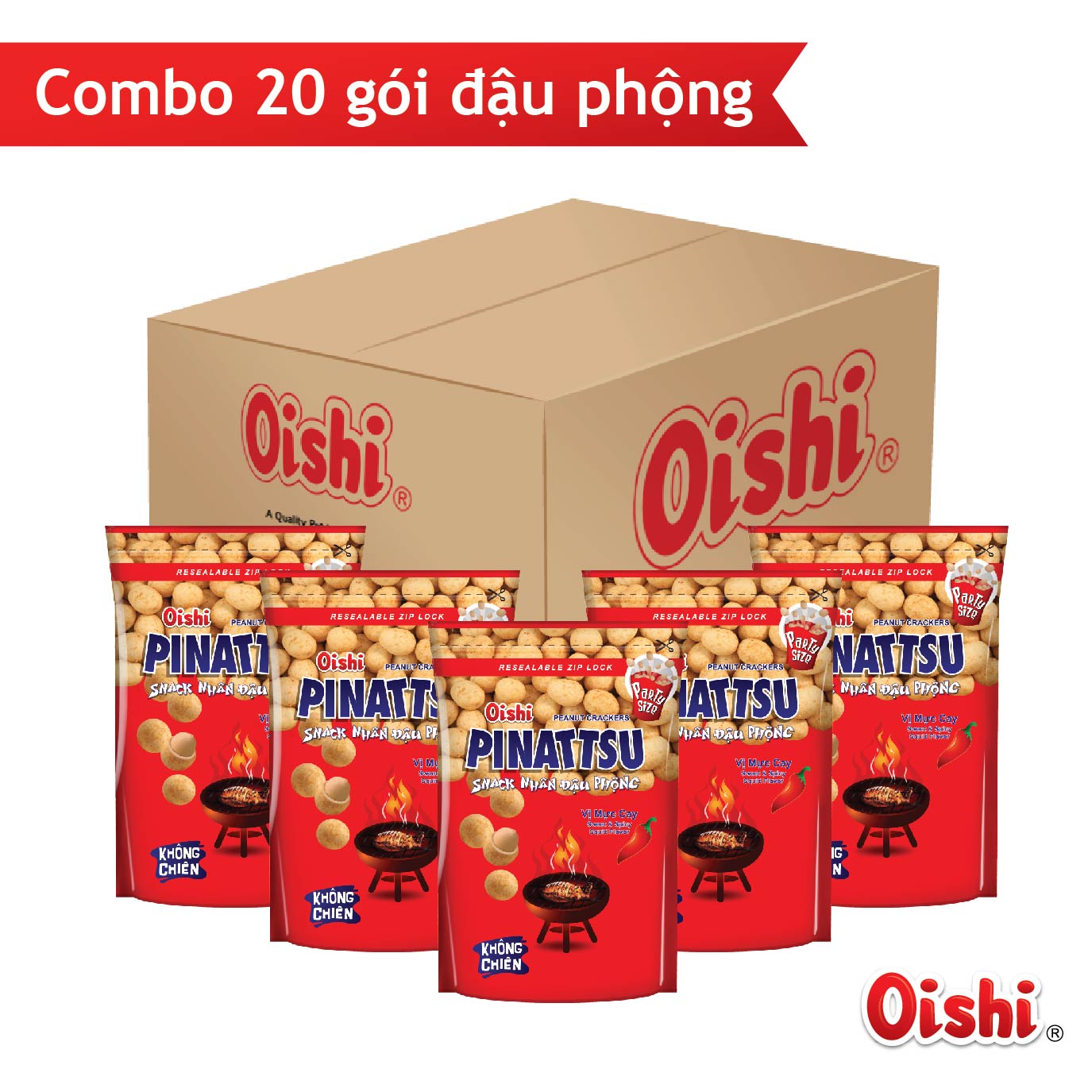 Combo 20 gói Oishi Snack Nhân Đậu Phộng Vị Mực Cay Pinattsu 90g gói