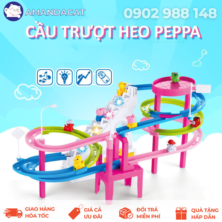Peppa pig slide with lively music and light effects, Comes with 3 cute Peppa pigs, Automatic Slide