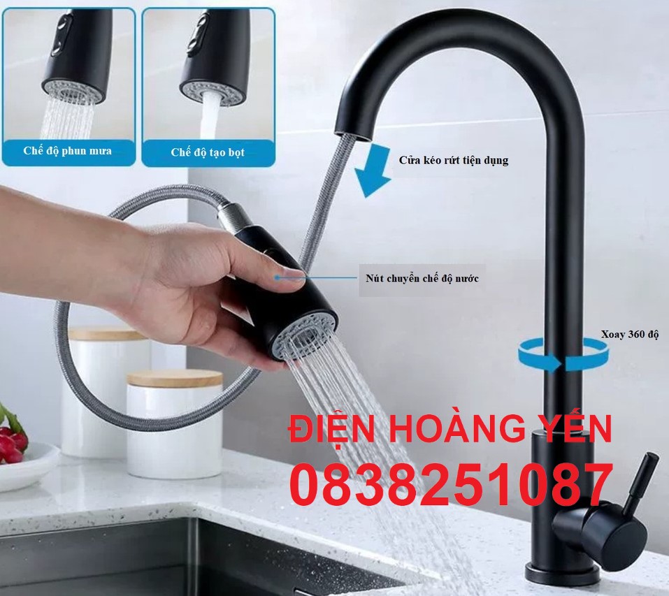 [HCM]Vòi rửa chén bát Nóng Lạnh nhập khẩu INOX 340 xoay chiều - Dây kéo rút cao cấp ( Tặng 2 dây cấp nóng lạnh )