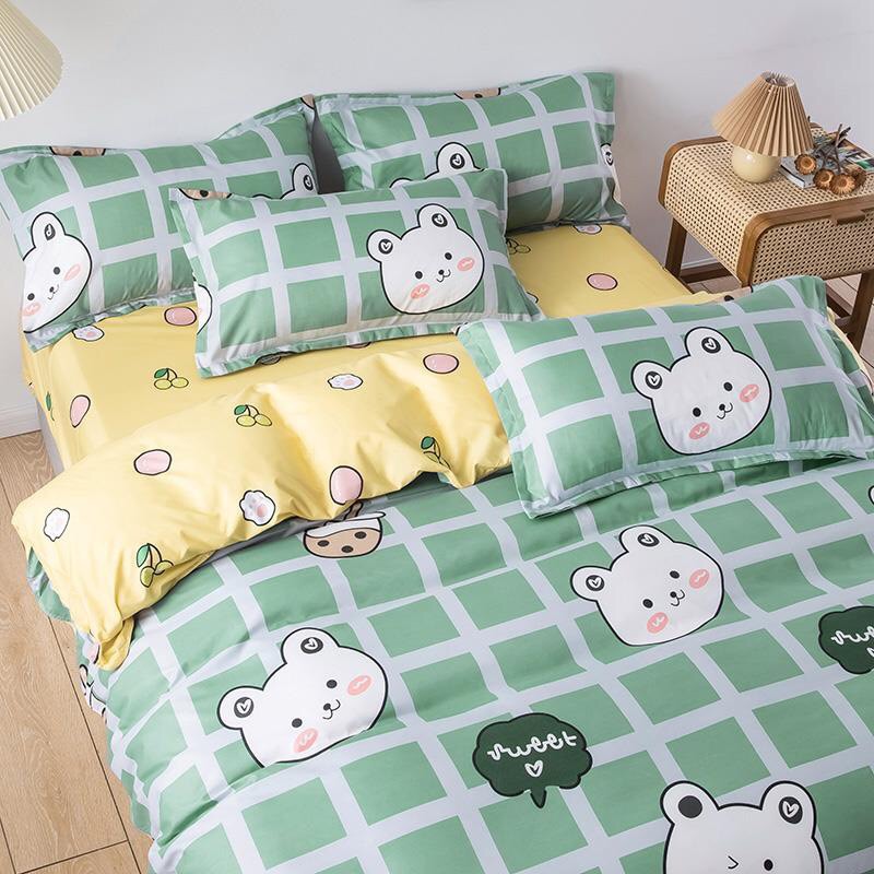 Trọn Bộ 4 Món Chăn Ga Gối Cotton Poly Nhập Mẫu THỎ CARO XANH Dễ Thương Cho Bé Gái, Bạn Gái Revato kho chăn ga gối, ga gối, ruột chăn, ruột gối,Thảm các loại ,drap ga gối, drap mền.