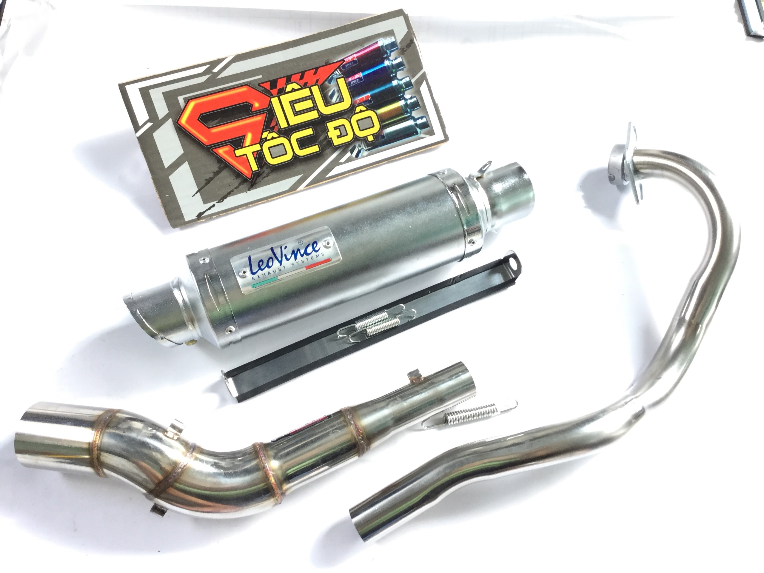 Pô leovince trắng full pass treo lò xo bao gồm cả cổ pô độ cong 2 khúc cho xe exciter 150.........