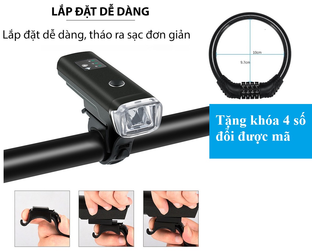 Đèn trước xe đạp siêu sáng, sạc usb hj-047