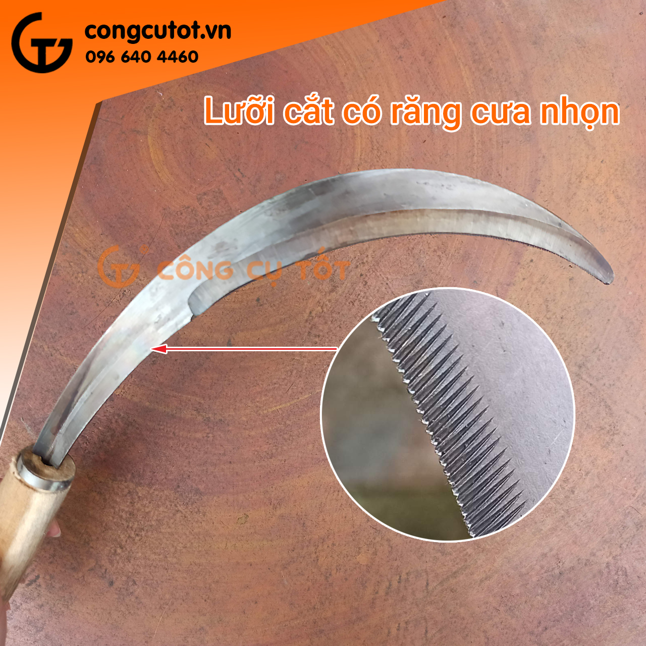 Lưỡi hái - Liềm phát cỏ, cắt lúa cán gỗ 8 thép dài 350mm