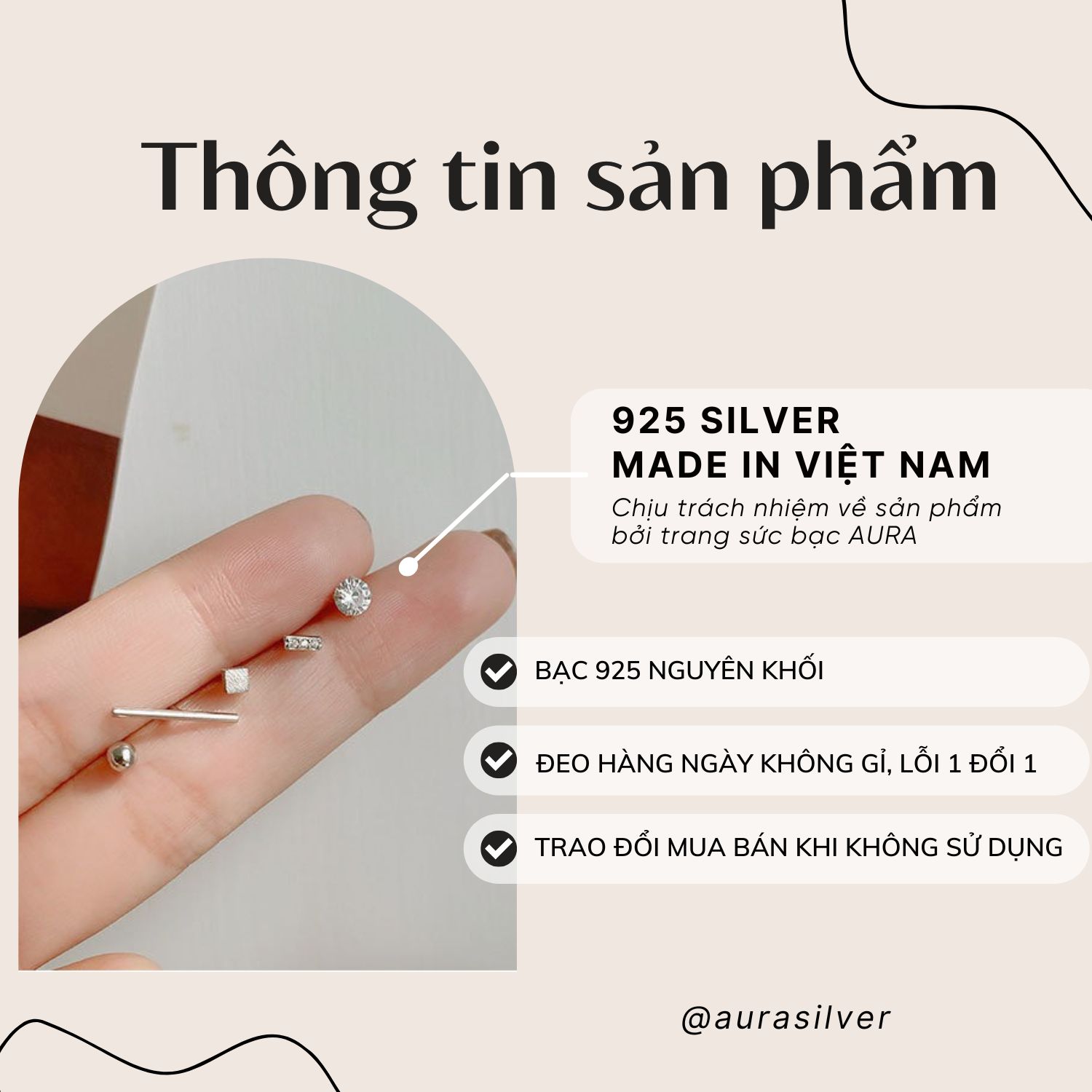 Set 5 món bông tai bạc cá tính Aura Silver-Kt28
