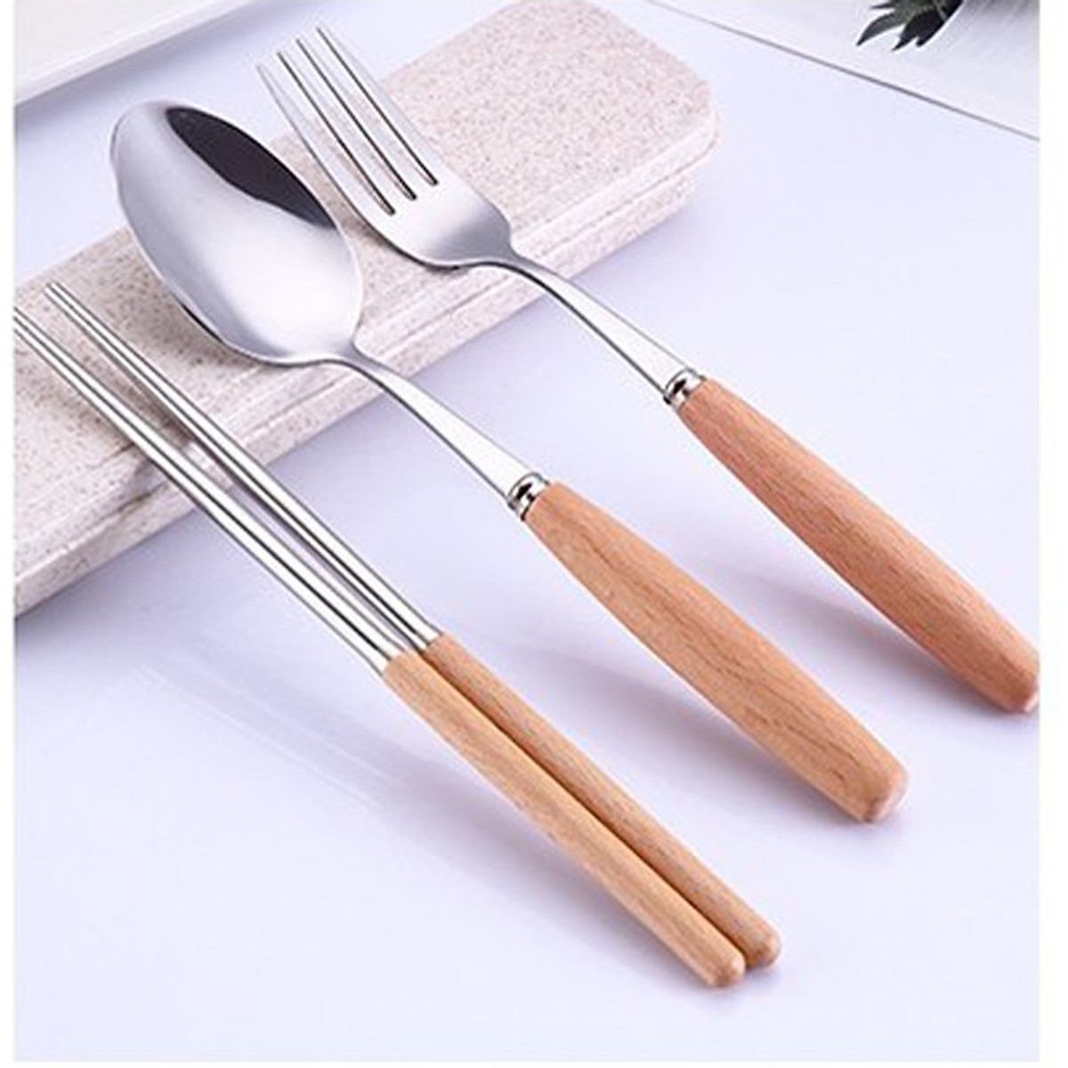 Bộ Thìa, Đũa, Dĩa Inox, Tặng Kèm Hộp Lúa Mạch