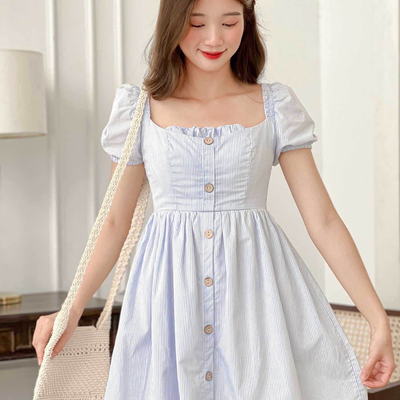 Đầm lisie - đầm babydoll cổ vuông bo chun