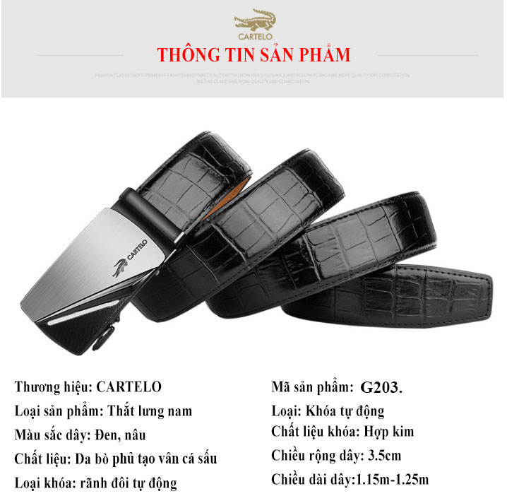 Thắt lưng da nam cao cấp CARTELGK7157G, dây nịt nam da thật rộng 35mm khóa tự động mạ ti tan