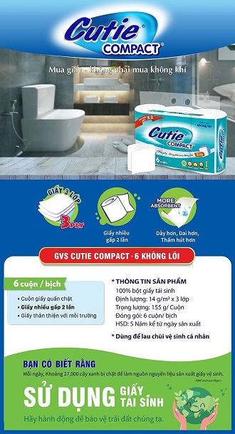 Giấy vệ sinh Cutie Compact có lõi cao cấp( 6 cuộn, 3 lớp)