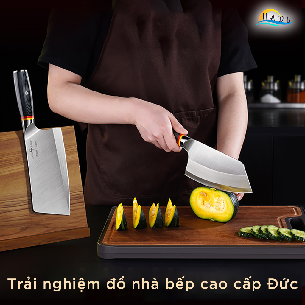 Dao Bếp Thép Đức 1.4116 SSGP (Độ Cứng 58HRC), Gồm Dao Thái Thịt và Dao Chặt Xương Siêu Bén, Lưỡi Mài Góc 15 Độ, Cán Gỗ, Cao Cấp Đạt Chất Lượng LFGB Đức
