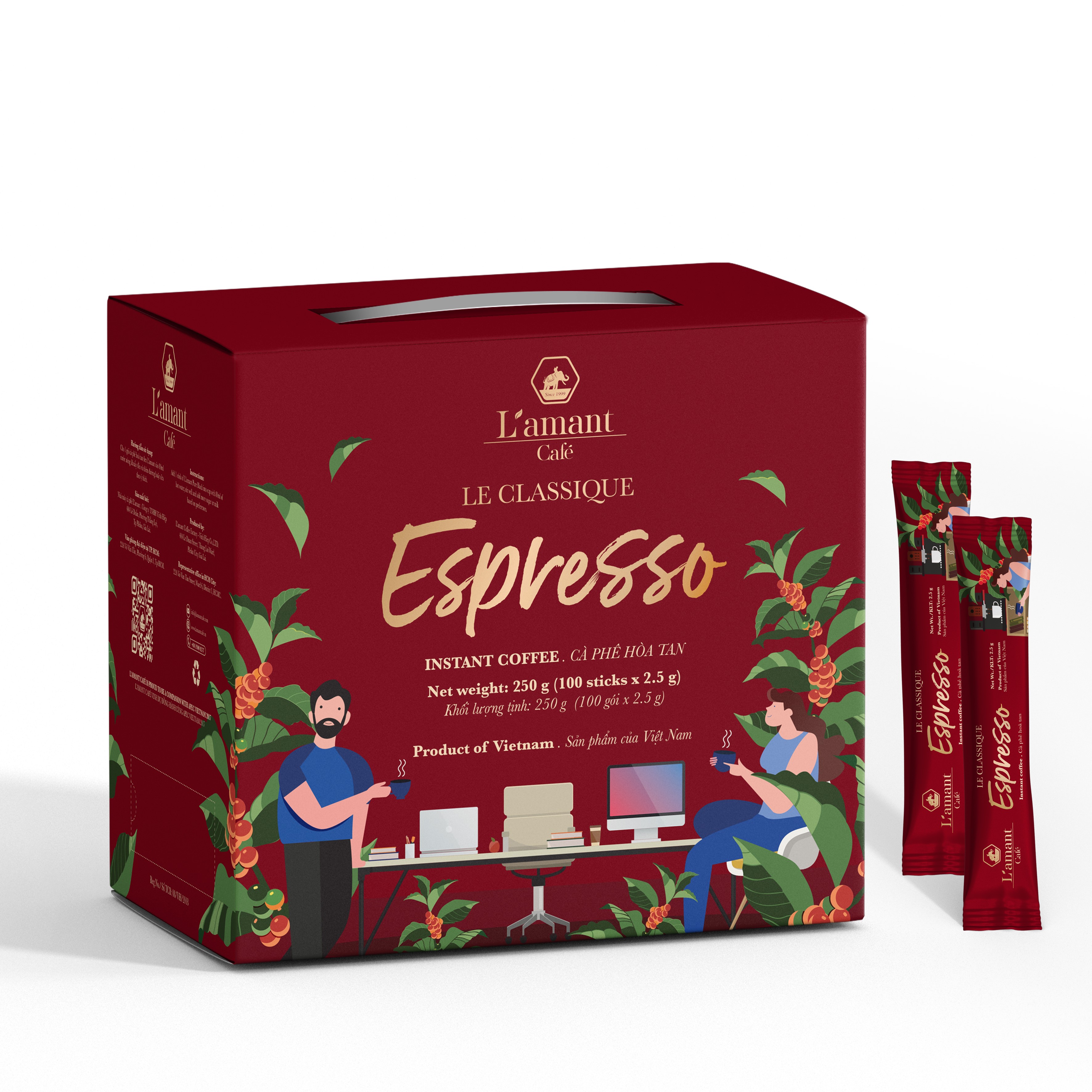 Cà Phê Hòa Tan L’amant Espresso – Không Đường Đậm Vị, Tiện Lợi Đúng Gu – Hộp 100 gói x 2.5g