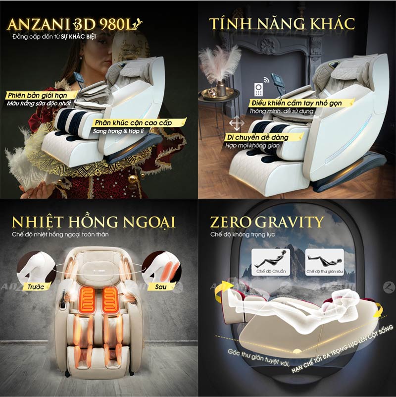 Ghế massage Anzani 3D 980L, mát xa toàn thân công nghệ Nhật điều khiển giọng nói tặng kèm bồn ngâm chân