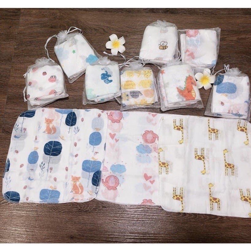 [HCM]10 Khăn sữa nhật túi in hình (100% sợi tre)