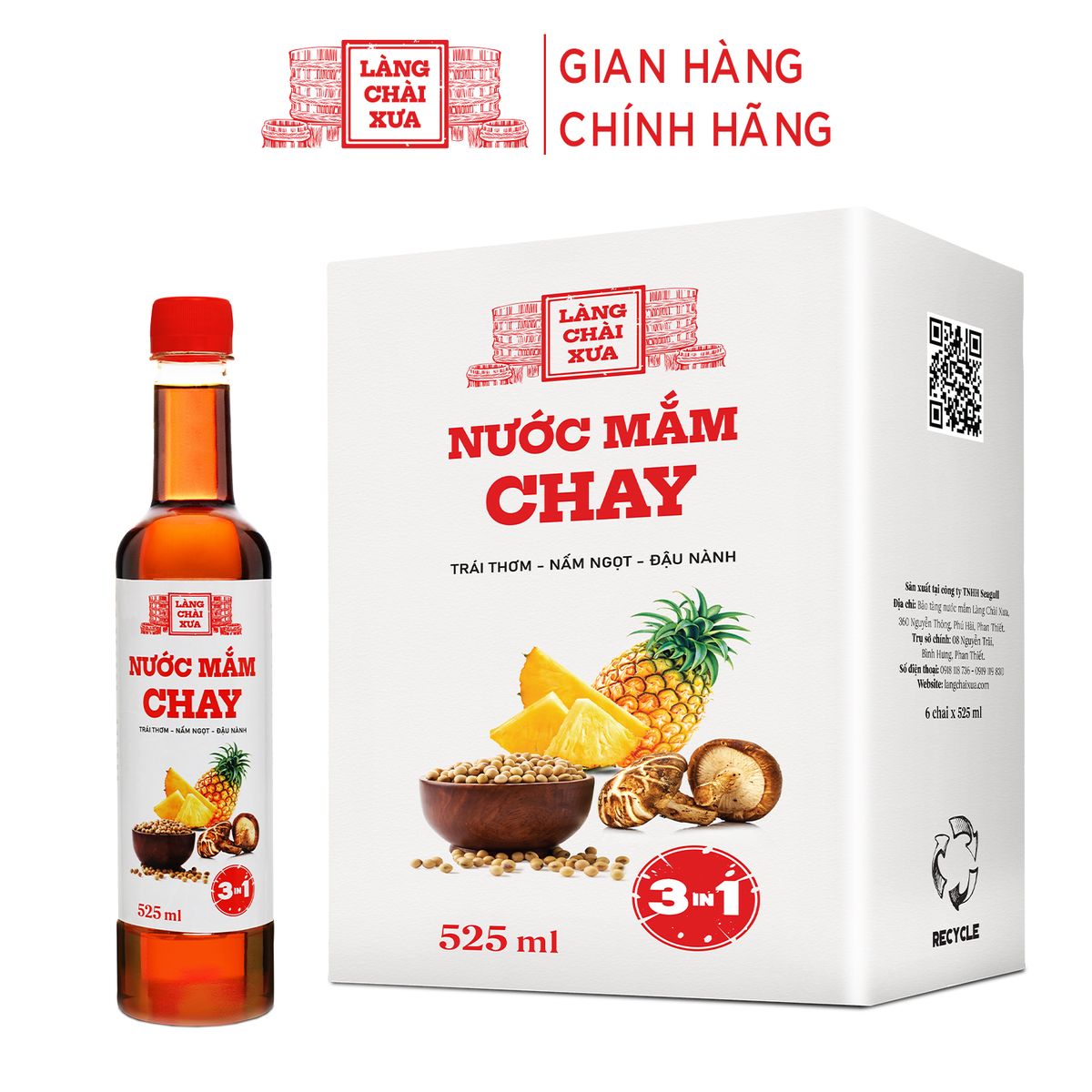 Nước mắm CHAY 3 trong 1 Làng Chài Xưa 525ml trái thơm + nấm ngọt + đậu nành 300 năm truyền thống thơm ngon dịu vị